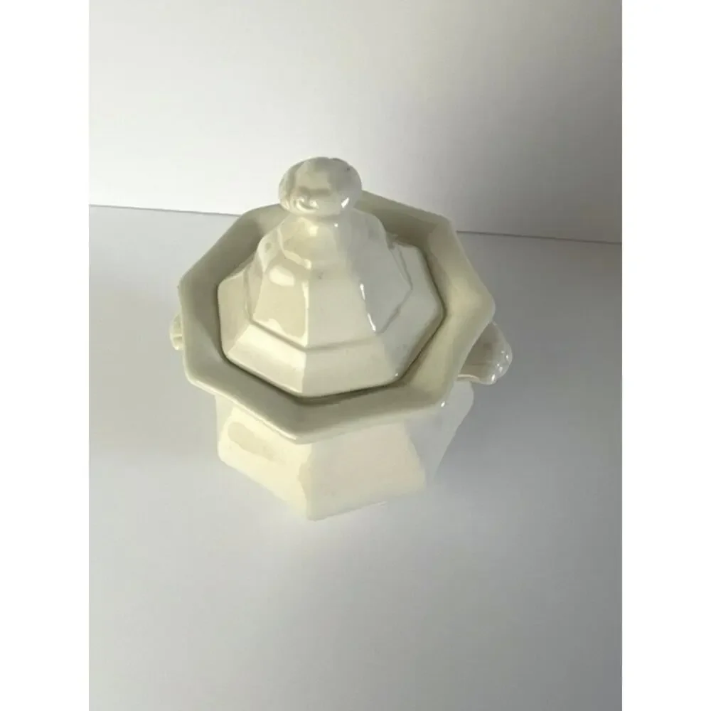 Vintage White Ironstone Style Octagonal Lidded Sugar Bowl Tea Bag Crock Jam Jar